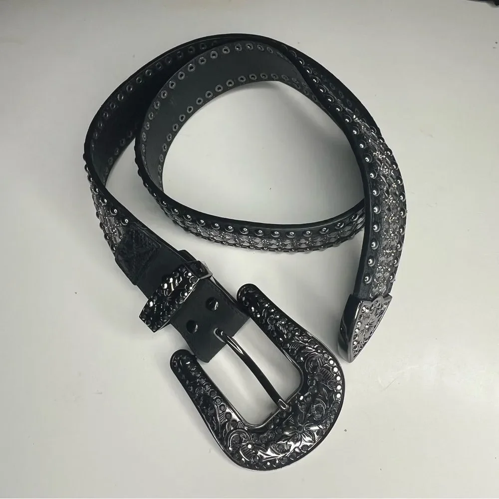 WONDERWEST Rhinestone Black Belt Leather Large Buckle Womens Size Medium